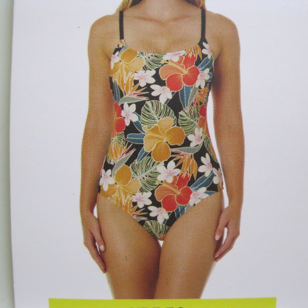 HURLEY Black multi  Floral Hawaiian Swim Bathing Suit One Piece UPF 50+,  Medium